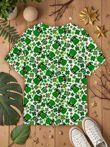 Maria Clara Maia Artist Women St. Patrick's Day Green Top, Round Neck Lucky Graphic T-Shirt, Couple Green Hat Festival Casual Wear, Holiday, Spring And Summer, Western Wear - Green - View 2