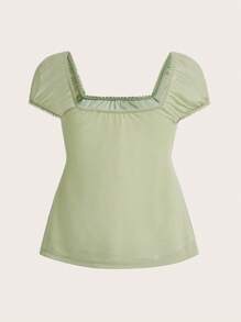 SHEIN MOD 夏季方领前褶皱荷叶边绿色蝴蝶结绳 T 恤 - 綠色 - 查看 2