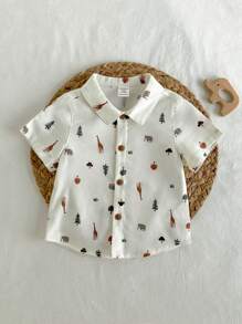 Loomiva 男婴卡通动物印花翻领短袖纽扣衬衫，休闲百搭 - 白色 - 查看 4