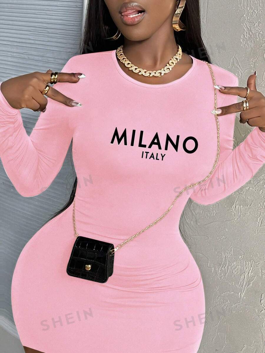 Slaydiva Vestido corto de manga larga con eslogan gráfico casual para mujer MILANO, adecuado para primavera/verano - Rosa - Ver 1