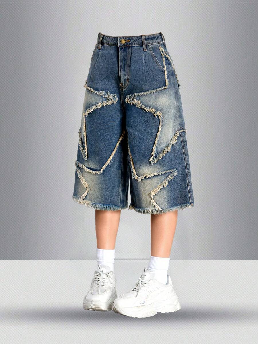 SHEIN Teen Girls Y2K Star Denim Effect Capri Boyfriend Low Rise Jeans Shorts, Casual & Fashionable For Everyday Wear,School,Streetwear,Girls Spring Summer Outfits - Medium Wash - View 1