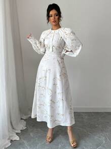 Elenzga Sukienka w stylu vintage z nadrukiem w kształcie latarni, ściągana w talii i luźna, odpowiednia na Eid, randkę, imprezę, walentynki - Biały - Zobacz 6