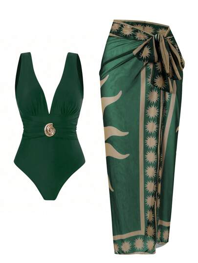 Swim Oasis 2pcs Women Solid Green Bandage Swimsuit & Net Printed Long Skirt Beach Vacation Swimwear Set For Summer