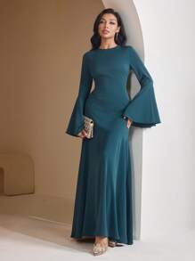 Veilorie Women's Solid Color Round Neck Flared Bell Sleeve Ruffle Hem Dress, Elegant - Dark Green - View 3