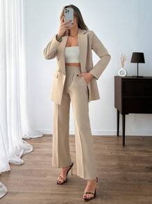 SHEIN PETITE Petite Women Elegant Solid Beige Color Button Front Detailed Long Sleeve Blazer Jacket And Long Straight Pants Suit Sets - Beige - View 5