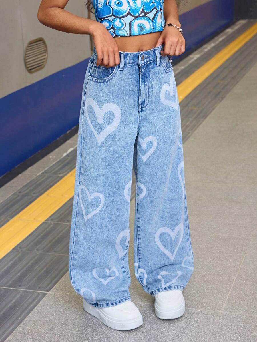 SHEIN Tween Girls Leopard Print Love Pattern Design Baggy Denim ...