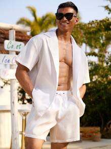 Manfinity Swimmode 男士纯色短袖衬衫和短裤沙滩装套装