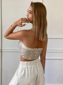 DAZY Vacation Spring And Summer Sequin Short Fitted Camisole Women's Cami Top Prom Dress,Halter Top Club Outfit