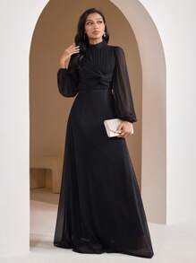 Veilorie Vestido elegante de estilo árabe modestos para mujer, de unicolor, con cuello de pie y cintura torcida - Negro - Ver 6