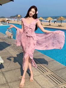 DAZY 2 pièces/set Chemise et Top d'été femme style bohème avec volant ourlet floral ditsy, cache-maillot de plage