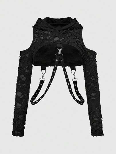 Grunge Punk Women's Open Shoulder Mini Sexy Black Distressed Vintage Casual Holiday Concert Festival Vacation T-Shirt With Cutouts, Chain Decor And Hood