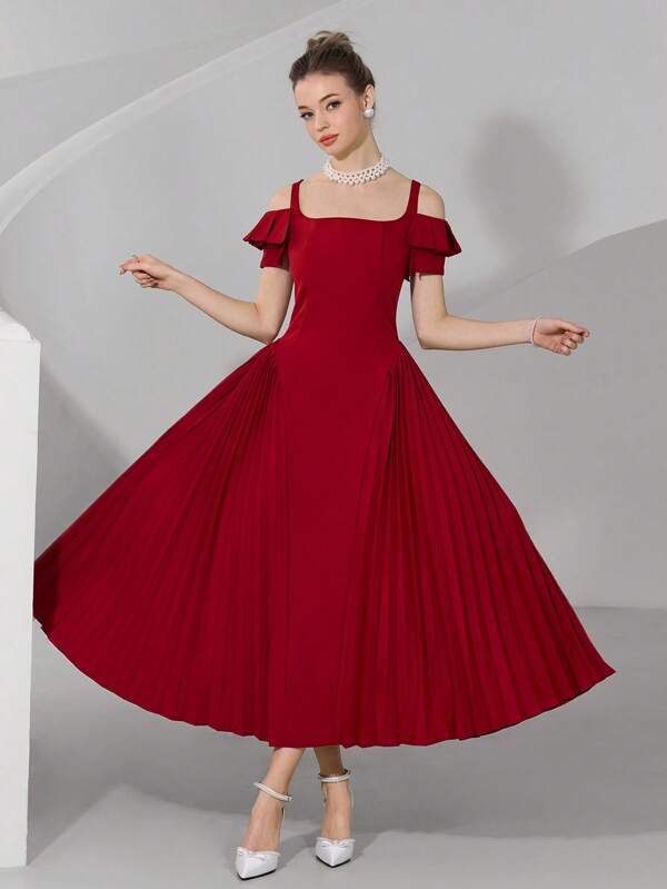 Poshira فستان أحمر متوسط الطول مفتوح الأكتاف للنساء، أحادي اللون ذو طابع حداثي بسيط للارتداء اليومي الكاجوال