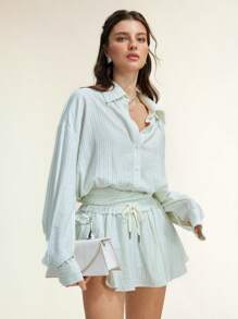 Arave Bộ đồ 2 món cho nữ Áo sơ mi kẻ sọc rộng rãi và chân váy Bộ đồ 2 món Áo crop top và chân váy ngắn, Xuân/Hè - Nhiều màu - Xem 6