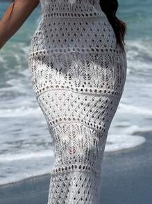 Bonvoyette Springbreak Hollow Out Knit Halter-Neck Backless Casual Loose Summer Beach Vacation Cover Up Dress For Women