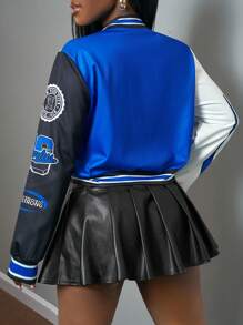 Slaydiva Chaqueta informal de estilo béisbol con estampado de logotipo y eslogan en verde, blanco y negro para mujer, apropiada para otoño e invierno