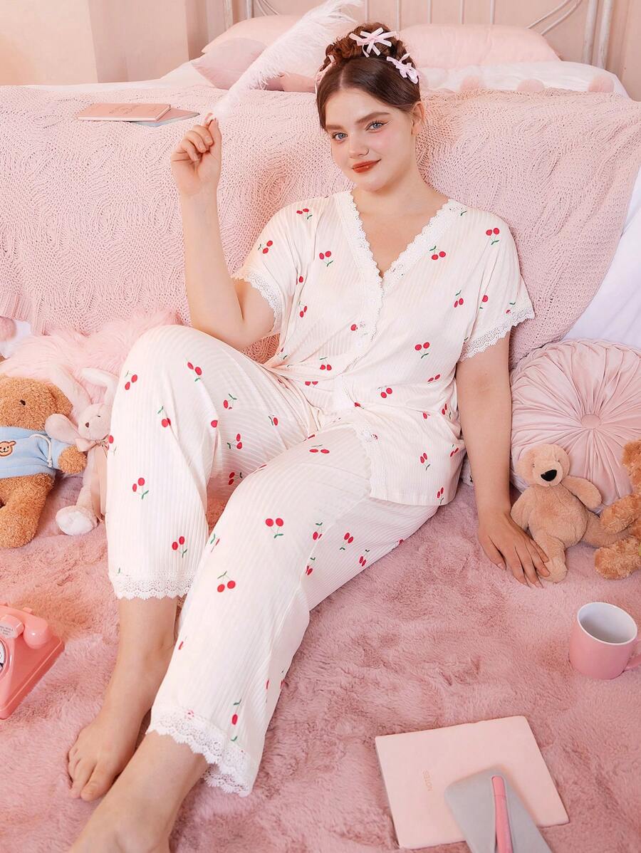 Cherry Print Single Button Splice Lace Drop Shoulder Plus Size Women Pajama Set - Beige - View 1