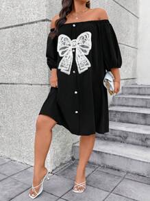 SHEIN Clasi Plus Size Women Bow Decor Off Shoulder Lantern Sleeve Straight Dress - Black - View 3