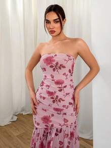 Aloruh Women's Floral Print Ruffled Hem Knit Tube Dress - Pink - View 5