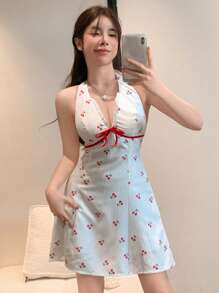 DAZY Vestido ajustado de playa con estampado de cerezas para mujer, vestido corto de verano con cuello halter, espalda descubierta, colorblock, moño, nudo y estampado floral para crucero y paseos