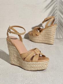 SHUZIA Women Minimalist Ankle Strap Woven Wedges With Thick Sole & High Heel Mother's Day Present For Christmas Valentine's Day - Apricot - View 3