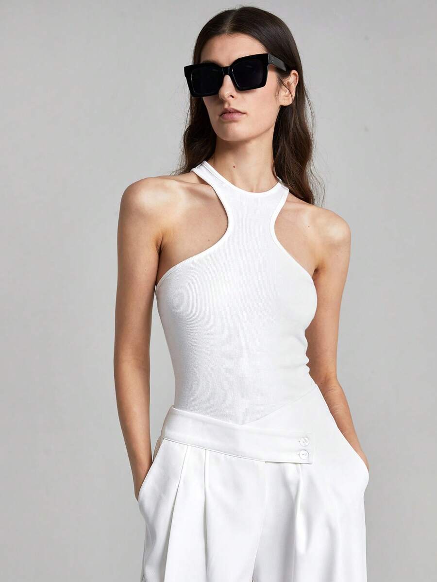 Ontre Top a maglia bianco classico, nuovo per la primavera 2025, top casual a costine, regalo ideale per la Festa di San Valentino