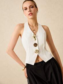 Poéselle 女士金属装饰露背吊带上衣，优雅通勤，复古风女士，春假装，夏季上衣，外出上衣 - 白色 - 查看 2