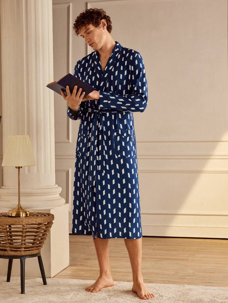 Manfinity Men's Geometric Printed Double Pocket Long Sleeve Robe - Multicolor - View 1