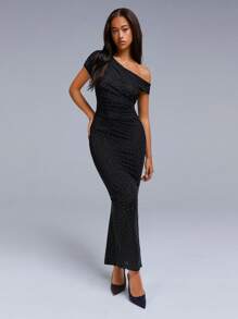 Athîral Women's Asymmetrical Neck Short Sleeve Slim Fit Long Elegant Party Dress
