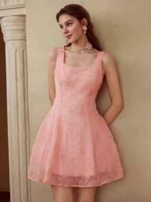 MOTF PREMIUM MESH FLORAL PATTERN FITTED WAIST DRESS - Pink - View 3