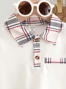 Set de 2 piezas de camisa de cuadros y shorts para niños pequeños, conjunto de estilo informal de caballero, a juego con papá, para primavera/verano (se venden 2 sets por separado) - Multicolor - Ver 4