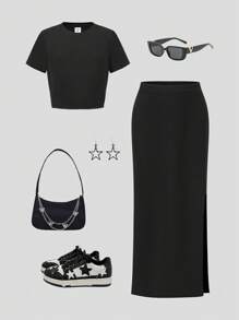 Sparklyn Tween Girl Striped Knitted Cropped Top & Midi Skirt 2pcs Set, Casual Daily Outfit - Black - View 3