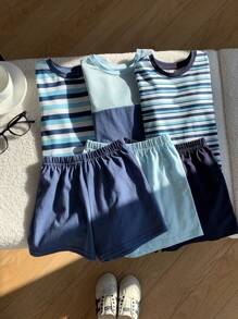 SHEIN Leap Crew 6pcs/Set Baby Boy & Girl Summer Casual Versatile Knit Patchwork Short Sleeve T-Shirt & Shorts Sets, Suitable For Spring/Summer Indoor & Outdoor Wear - Blue - View 3