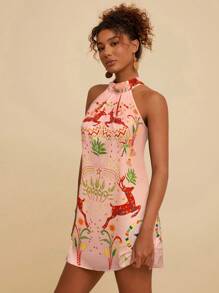 Travachic Vestido corto casual con estampado de ciervos para mujer para vacaciones, ropa de mujer para otoño, vestido de mujer