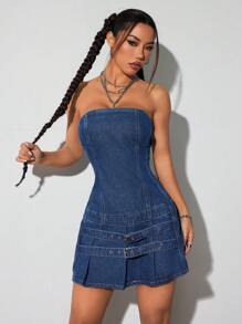 SHEIN ICON Women Casual Denim Dress, Minimalist & Fashionable For Everyday Wear - Blue - View 4