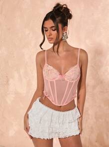 SHEIN BAE Top de camiseta de mujer elegante, con decoración de lazo, de malla transparente, con bordado floral. Adecuado para festivales de música, carnaval, conciertos, salir de fiesta, estilo bohemio, ropa de verano