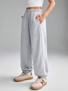 SHEIN Tween Girls Grey Extra Long Polyester Pants With Pockets And Pink Bow Details - Grey - View 5