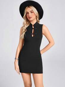 Wildy Stand Collar Button Front Waist Fit And Flare Cheongsam Style Dress