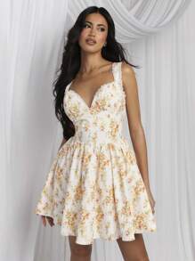 COSMINA Elegant Party Sleeveless Ditsy Floral Dress For Women, Spring/Summer - Multicolor - View 3