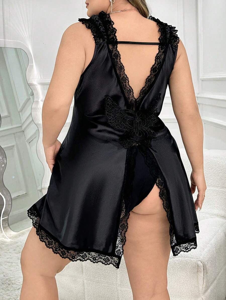 Plus Size Sexy Open Back Lace Patchwork Butterfly Embroidery Faux Silk Nightgown - Black - View 1