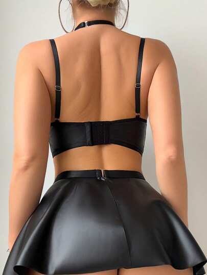 AltCore Set: Verleidelijke PU Leather Fishnet Patchwork Flared Mini Skirt Studded Garter Belts Going Out view 2