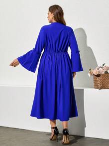 Plus Size Women V-Neck Long Sleeve Pleated Hem Elegant Solid Color Dress