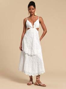 Travachic Solid Color Woven Eyelet Embroidery Waisted Hollow Out Strap Women Long Dress,Dresses For Women,Summer Outfits For Women - White - View 3