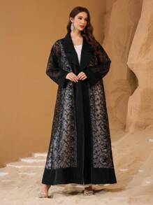 Al Najma 翻领蕾丝刺绣透明阿拉伯长袍长外套 - 黑色 - 查看 7