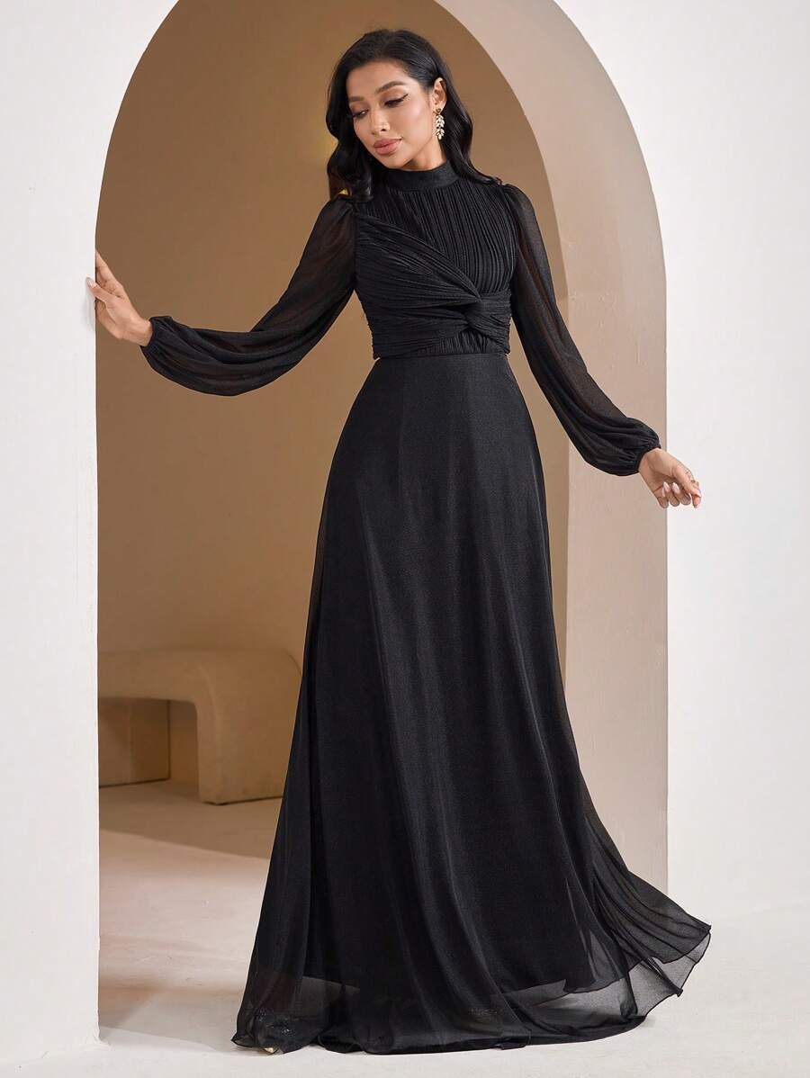 Veilorie Vestido elegante de estilo árabe modestos para mujer, de unicolor, con cuello de pie y cintura torcida - Negro - Ver 1