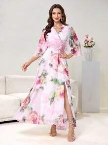 Modelyn Vestido lujoso con estampado floral de gasa fluida, parches y cinturón de cintura, que estiliza y rejuvenece, elegante