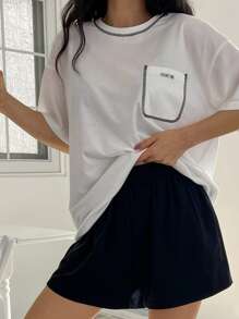 DAZY 2pcs Women Colorblock Loose Short Sleeve Home Wear Set Pajama - White - View 5