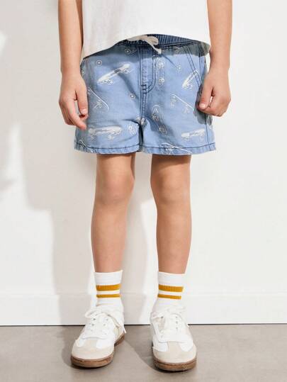 SHEIN 年轻男孩白色滑板全身印花蓝色牛仔效果松紧腰宽松休闲短裤