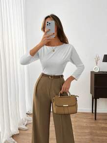 EURMUSE Áo thun tay dài cổ tròn màu trơn đơn giản đa năng - trắng - Xem 4