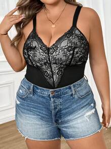 SHEIN CURVE+ Plus Size Lace Patchwork Wide Strap Casual Bodysuit - Black - View 6
