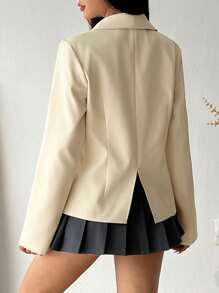 SHEIN Unity 时尚美人鱼风格收腰修身低领长袖女式办公室西装外套 - 卡其色 - 查看 2